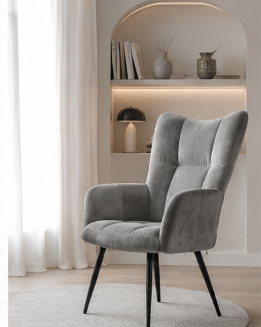 křeslo relaxační, odpočinkové, ušák, kov/samet, 98x63x69 cm, černá/světle šedá, KR20260001