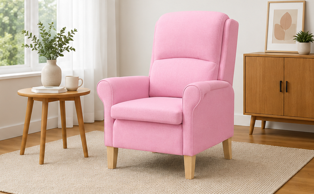 relaxační křeslo, odpočinkové, ušák, dřevo/textil, 101x95x75 cm, přírodní/růžová, KR20260044