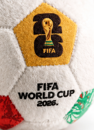 polštář, dekorativní, tvar míče, motiv WORLD CUP 2026, 12x12 cm, plyš, tématika MS 2026, PD20260001