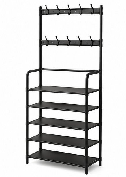 věšák s botníkem, kov, 5 pater, 172x60x10 cm, černá, TK20260001