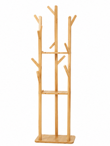 věšák, stojan na šaty, bambus, 3 tyče, 2 poličky, 160x38x38 cm, přírodní, TK20260002