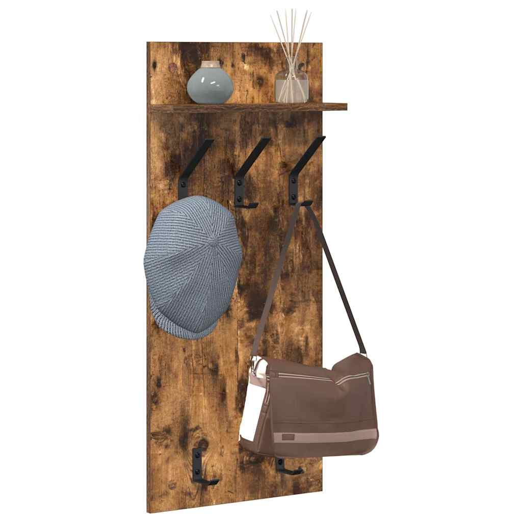 věšák, nástěnný, 1 prkno, polička, háčky, kompozitní dřevo, 90x40x10 cm, kouřový dub, TK20260010