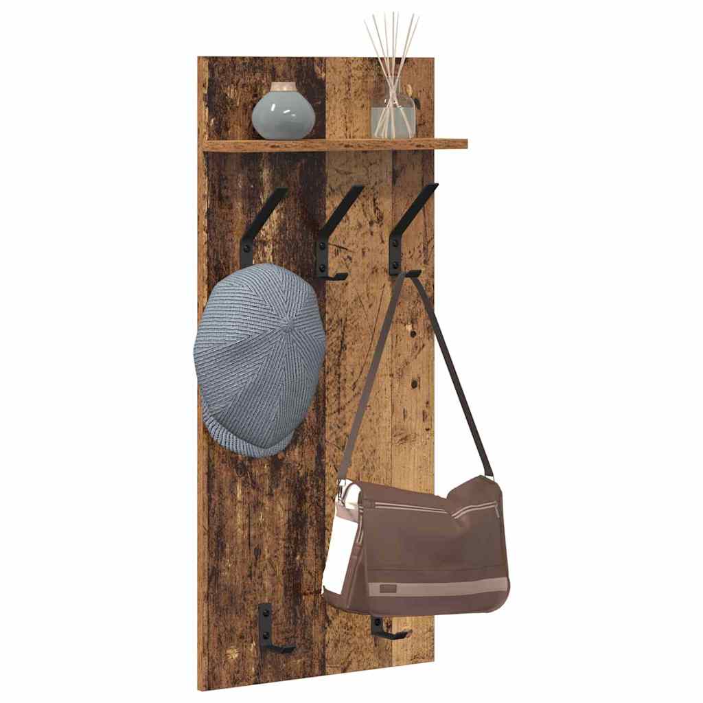 věšák, nástěnný, 1 prkno, polička, háčky, kompozitní dřevo, 90x40x10 cm, staré dřevo, TK20260010