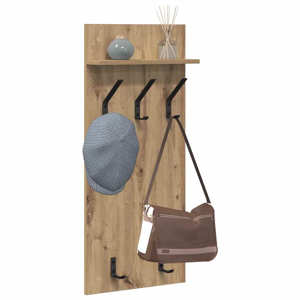 věšák, nástěnný, 1 prkno, polička, háčky, kompozitní dřevo, 90x40x10 cm, dub artisan, TK20260010