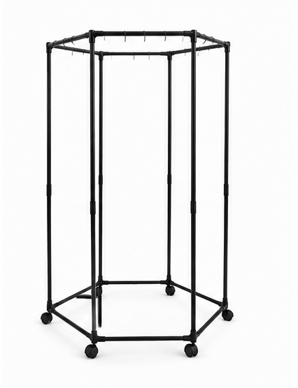 věšák, šestihranný, otočný, kolečka, kov/plast, 120x71x71 cm, černá, TK20260013