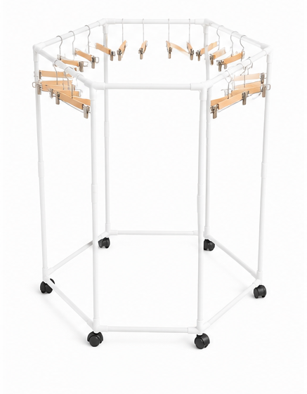 věšák, šestihranný, otočný, kolečka, kov/plast, 120x71x71 cm, bílá, TK20260013