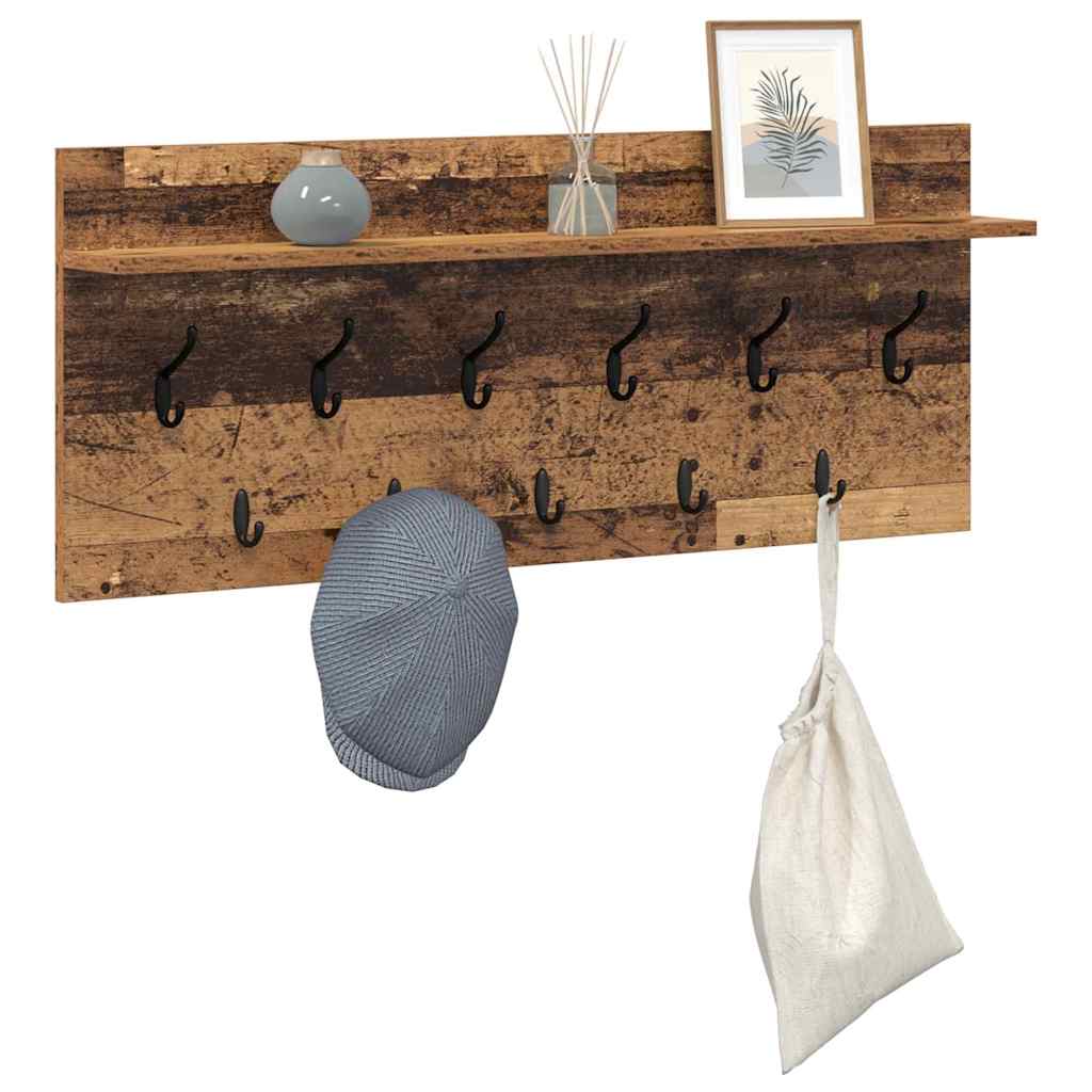 věšák, nástěnný, 1 prkno, háčky, kompozitní dřevo, 40x100x12 cm, staré dřevo, TK20260019