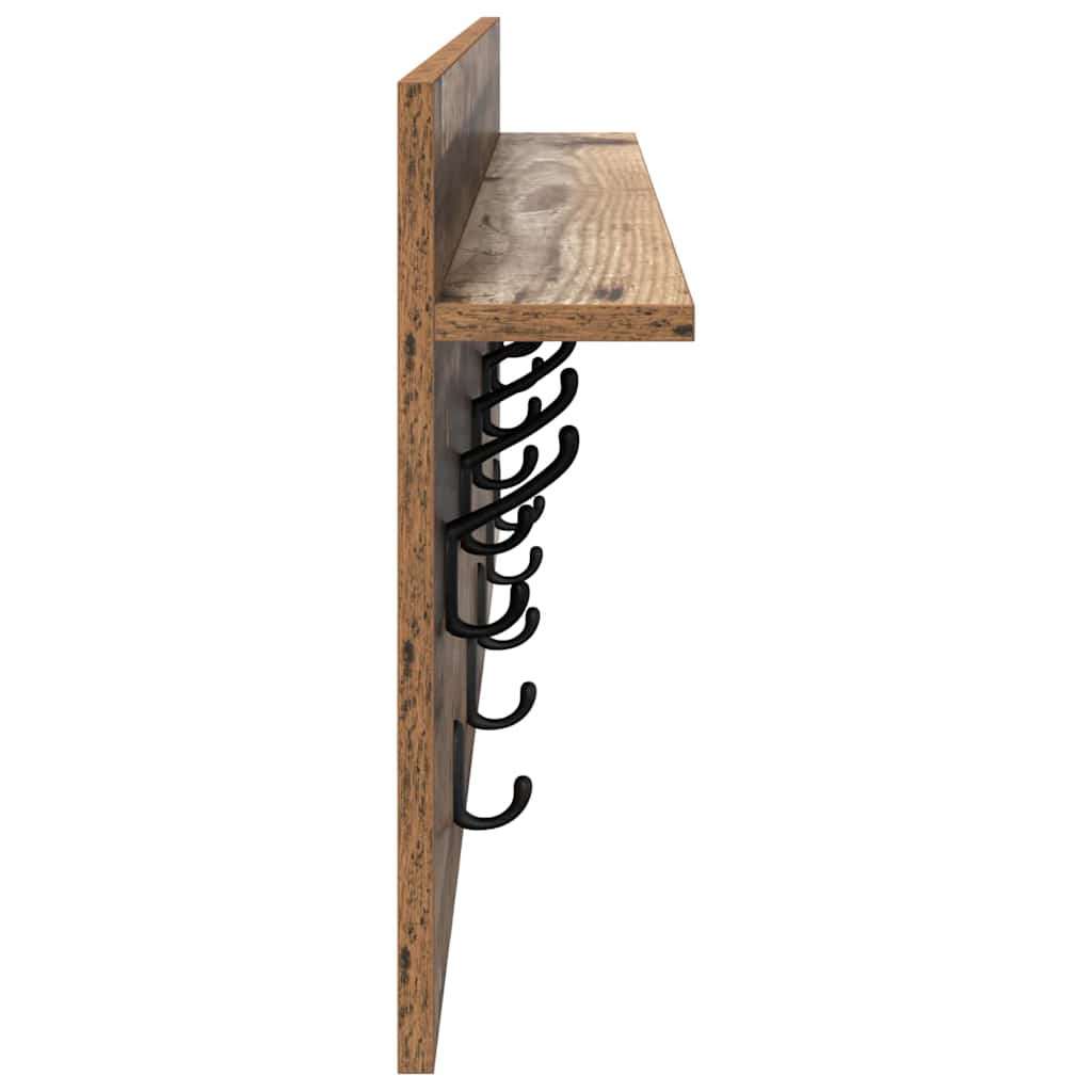 věšák, nástěnný, 1 prkno, háčky, kompozitní dřevo, 40x100x12 cm, staré dřevo, TK20260019