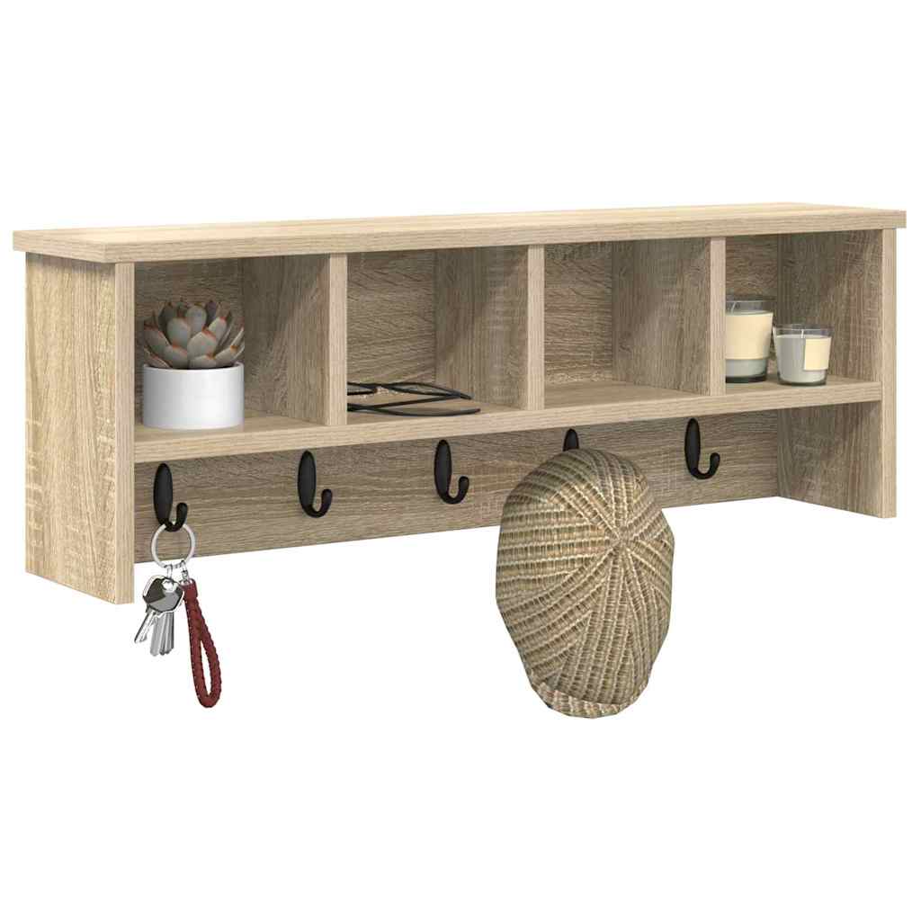 věšák, nástěnný, 4 poličky, háčky, kompozitní dřevo, 26x75x16 cm, dub sonoma, TK20260021
