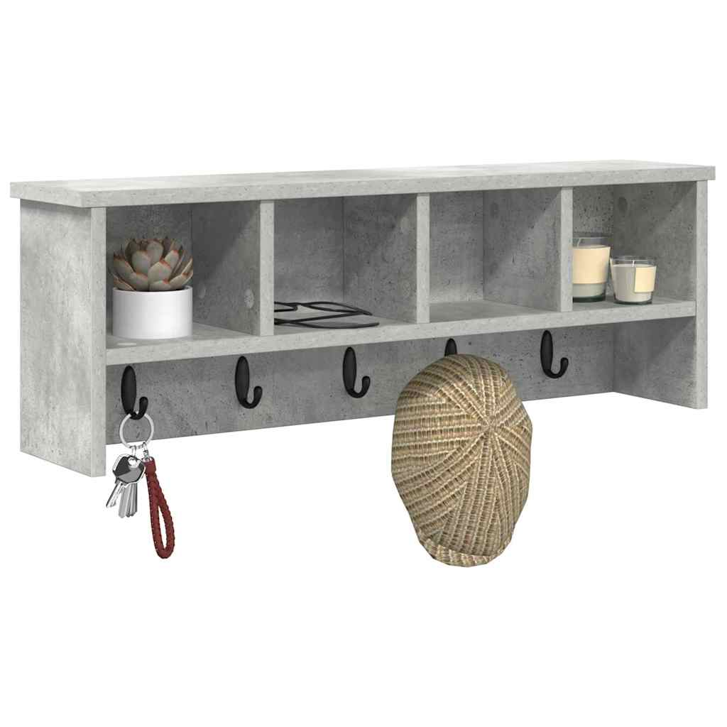 věšák, nástěnný, 4 poličky, háčky, kompozitní dřevo, 26x75x16 cm, beton šedá, TK20260021
