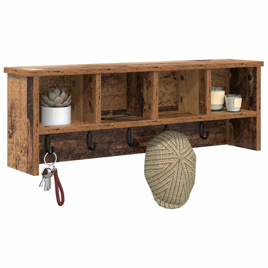 věšák, nástěnný, 4 poličky, háčky, kompozitní dřevo, 26x75x16 cm, staré dřevo, TK20260021