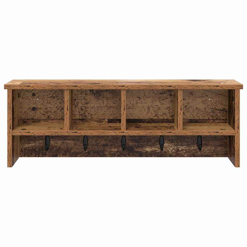věšák, nástěnný, 4 poličky, háčky, kompozitní dřevo, 26x75x16 cm, staré dřevo, TK20260021