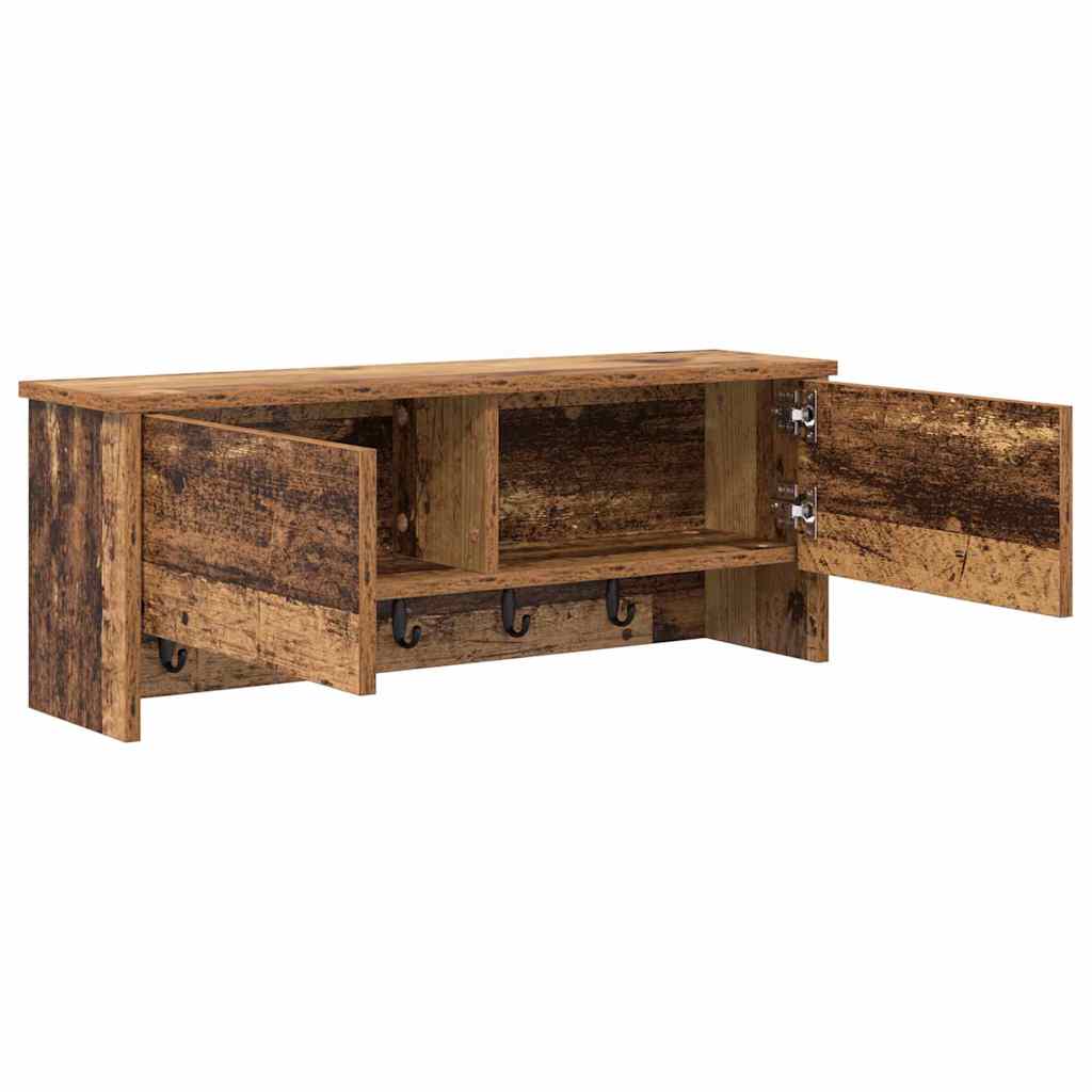 věšák, nástěnný, s dvířky, háčky, kompozitní dřevo, 30x80x20 cm, staré dřevo, TK20260024