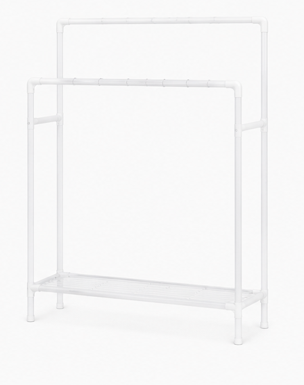 věšák, stojan na šaty, 2 tyče, police na boty, kov/plast, 140x82x43 cm, bílá, TK20260026