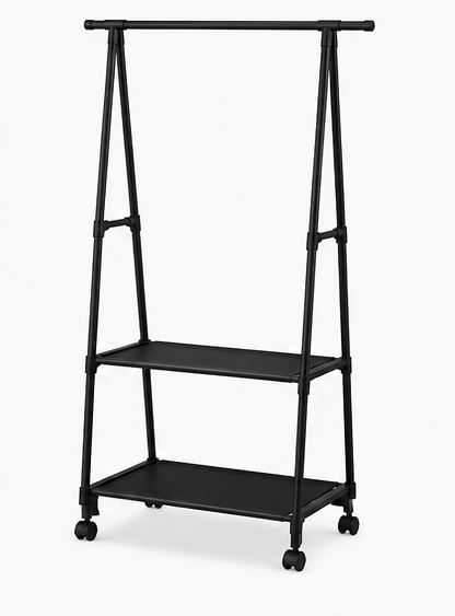 věšák, stojan na šaty, A konstrukce, 2 police, kolečka, kov/plast, 158x52/86x42 cm, černá, TK20260029