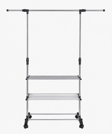 věšák, stojan na šaty, 1 tyč, 3 police, výsuvný, kolečka, kov/plast, 93-158x91-164x43 cm, chrom/černá, TK20260033