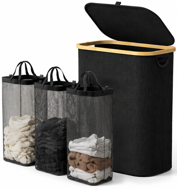 koš na prádlo, objem 110+ l, s víkem, 3 odnímatelné tašky, látka/bambus, 75x43x32 cm, černá/přírodní, KP20260003