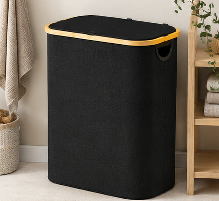 koš na prádlo, objem 110+ l, s víkem, 3 odnímatelné tašky, látka/bambus, 75x43x32 cm, černá/přírodní, KP20260003