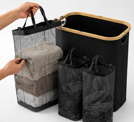 koš na prádlo, objem 110+ l, s víkem, 3 odnímatelné tašky, látka/bambus, 75x43x32 cm, černá/přírodní, KP20260003