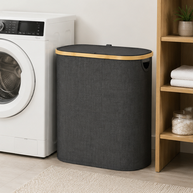 koš na prádlo, objem 110+ l, s víkem, 3 odnímatelné tašky, látka/bambus, 75x43x32 cm, šedá/přírodní, KP20260003