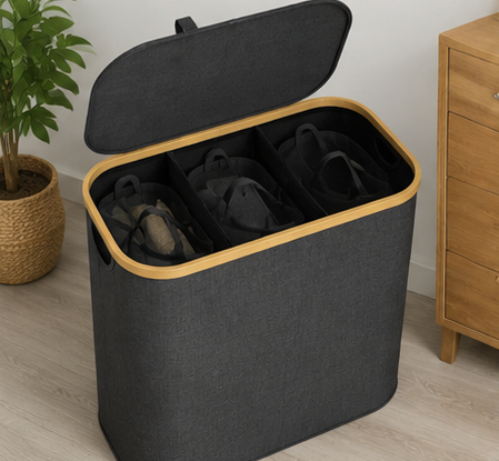 koš na prádlo, objem 110+ l, s víkem, 3 odnímatelné tašky, látka/bambus, 75x43x32 cm, šedá/přírodní, KP20260003