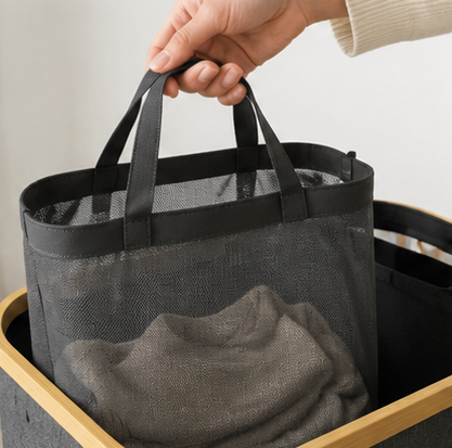 koš na prádlo, objem 110+ l, s víkem, 3 odnímatelné tašky, látka/bambus, 75x43x32 cm, šedá/přírodní, KP20260003