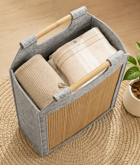 koš na prádlo, objem 23 l, bez víka, přenosný, plsť/bambus, 42x38x14 cm, šedá/přírodní, KP20260004