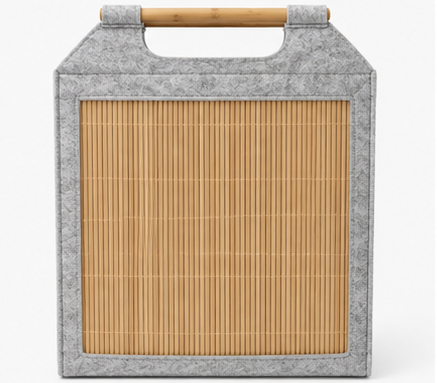 koš na prádlo, objem 23 l, bez víka, přenosný, plsť/bambus, 42x38x14 cm, šedá/přírodní, KP20260004