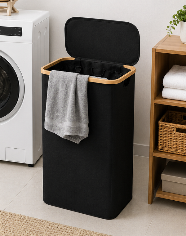 koš na prádlo, objem 60 l, s víkem, oxford/bambus, 66x41x22 cm, černá/přírodní, KP20260010