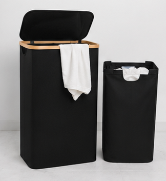 koš na prádlo, objem 60 l, s víkem, oxford/bambus, 66x41x22 cm, černá/přírodní, KP20260010