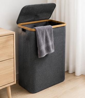 koš na prádlo, objem 60 l, s víkem, oxford/bambus, 66x41x22 cm, šedá/přírodní, KP20260010
