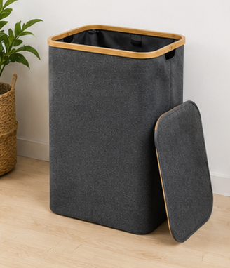 koš na prádlo, objem 60 l, s víkem, oxford/bambus, 66x41x22 cm, šedá/přírodní, KP20260010