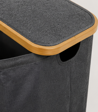 koš na prádlo, objem 60 l, s víkem, oxford/bambus, 66x41x22 cm, šedá/přírodní, KP20260010