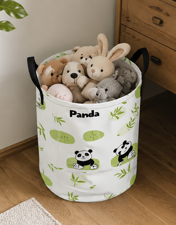koš na prádlo, objem 75 l, přenosný, skládací, látkový, 45x35x35 cm, vzor panda, KP20260012