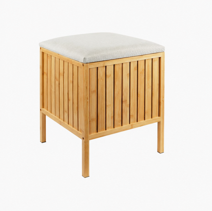 koš na prádlo, objem 52 l, s polstrovaným víkem, bambus/látka, 52x39x39 cm, přírodní/krémová, KP20260026