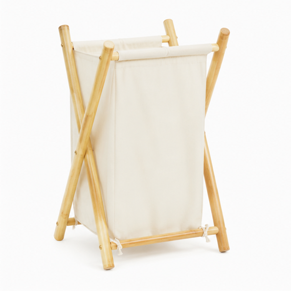 koš na prádlo, x konstrukce, skládací, bambus/látka, 63x41x36 cm, přírodní/krémová, KP20260029