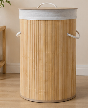 koš na prádlo, objedm 45 l, s víkem, bambus/látka, 50x35x35 cm, přírodní/krémová, KP20260032