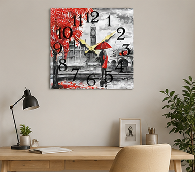 nástěnné hodiny, čtvercové, dřevo, 20x20 cm, vzor láska v dešti, HN20260014