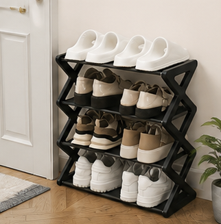 botník, 4 patra, tvrzený plast/netkaná textilie, 50x40x19 cm, černá, BB20260005