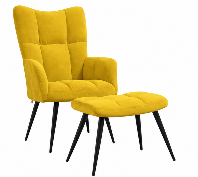 křeslo relaxační, s podnožkou, odpočinkové, ušák, kov/samet, 98x63x69 cm, černá/hořčicově žlutá, KR20260019