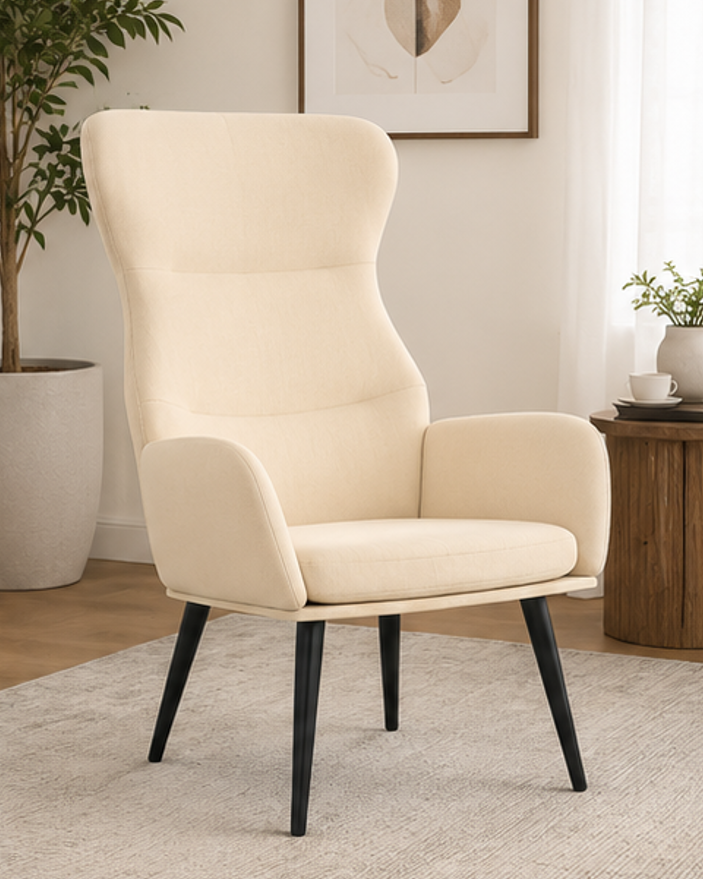relaxační křeslo, odpočinkové, dřevo/kov/textil, 96x68x79 cm, nohy černé/krémová, KR20260057