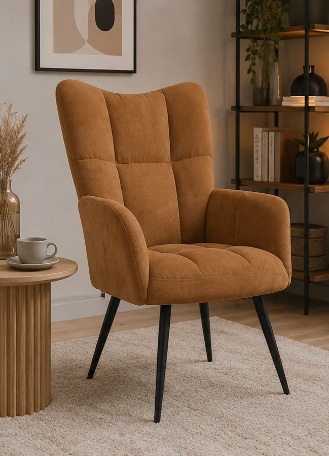 křeslo relaxační, odpočinkové, ušák, kov/samet, 98x63x69 cm, černá/hnědá, KR20260009