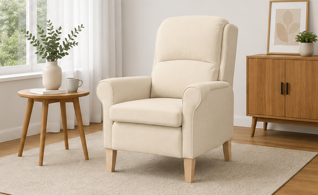 křeslo relaxační, odpočinkové, ušák, dřevo/textil, 101x95x75 cm, přírodní/krémová, KR20260040