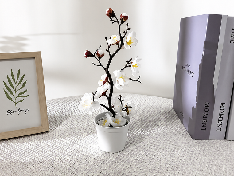 umělá květina, bonsai švestkového květu, plast, výška 28 cm, bílá, UK20260003