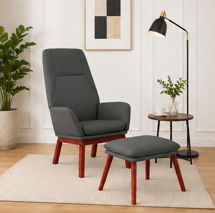 relaxační křeslo, s podnožkou, odpočinkové, masivní kaučukovník/kov/textil, 95x76x71 cm, nohy tmavé/tmavě šedá, KR20260085
