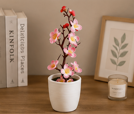 umělá květina, bonsai švestkového květu, plast, výška 28 cm, růžová, UK20260002