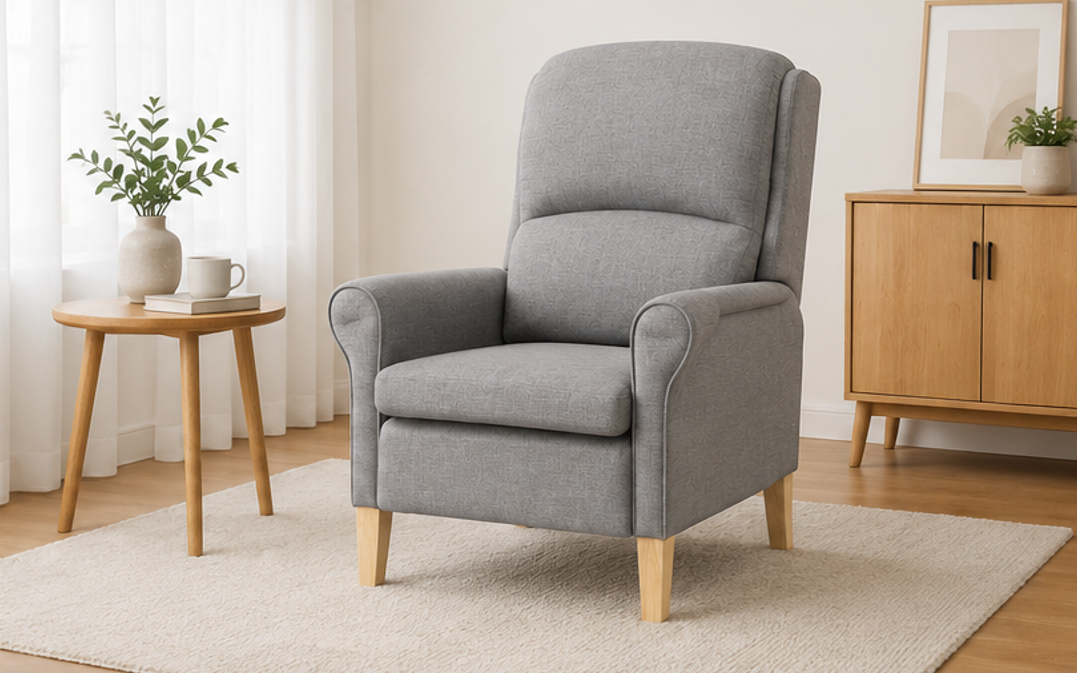 křeslo relaxační, odpočinkové, ušák, dřevo/textil, 101x95x75 cm, přírodní/světle šedá, KR20260034