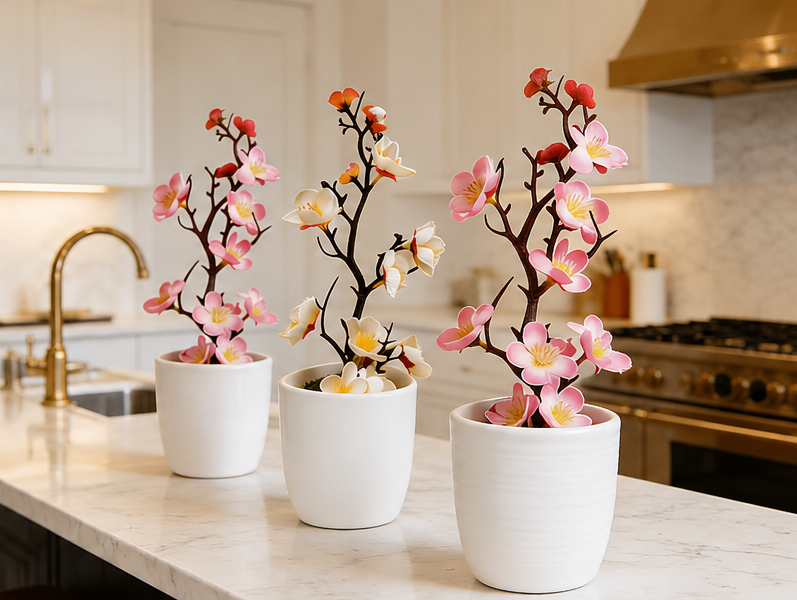umělá květina, bonsai švestkového květu, plast, výška 28 cm, růžová, UK20260002