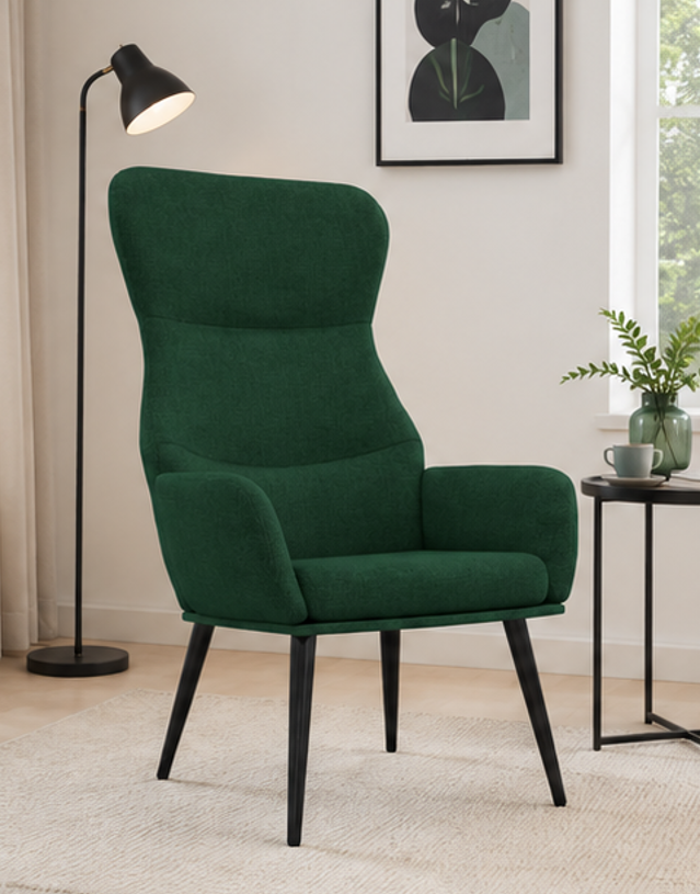 relaxační křeslo, odpočinkové, dřevo/kov/textil, 96x68x79 cm, nohy černé/tmavě zelená, KR20260059