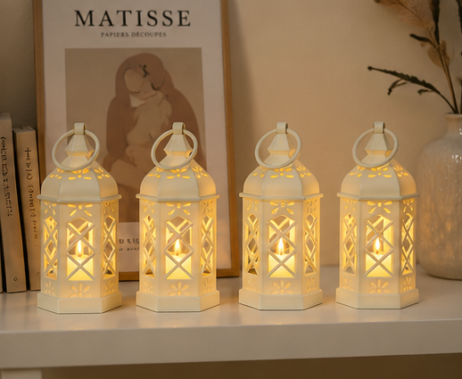 lucerna, bateriová, sada 4 ks, LED světlo, styl vintage, plast, 12,5x6,5x6,5 cm, bílá, SD20260029